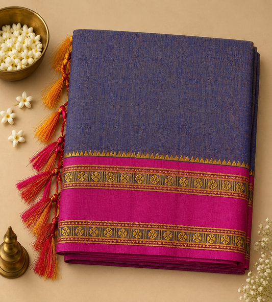 Teal Blue Narayani Cotton Saree with Red Silk Jari Border