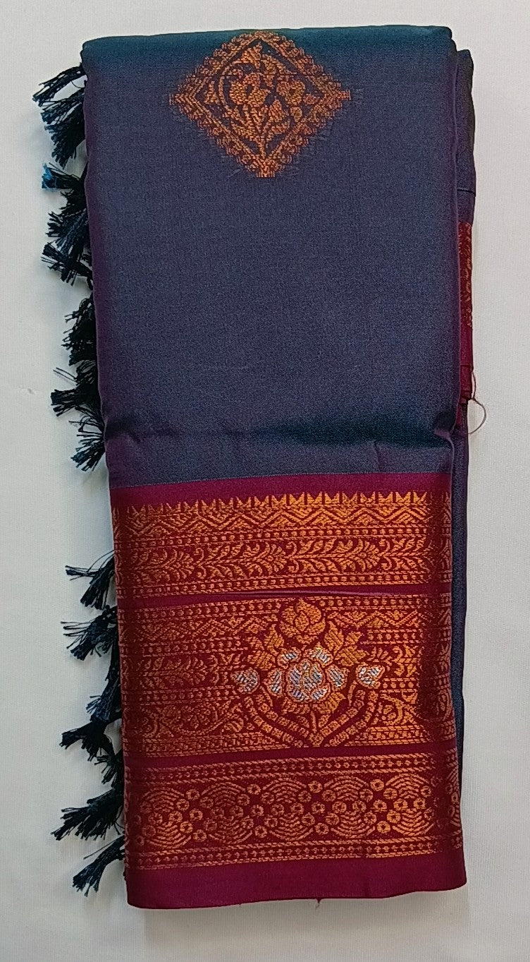 Deep Navy Blue Soft Pattu Silk Saree with Floral Zari Border & Blouse