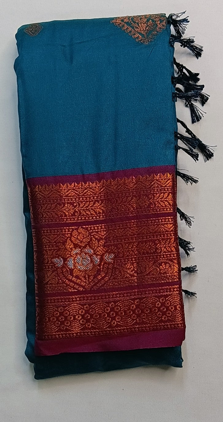 Peacock Blue Soft Pattu Silk Saree with Floral Zari Border & Blouse