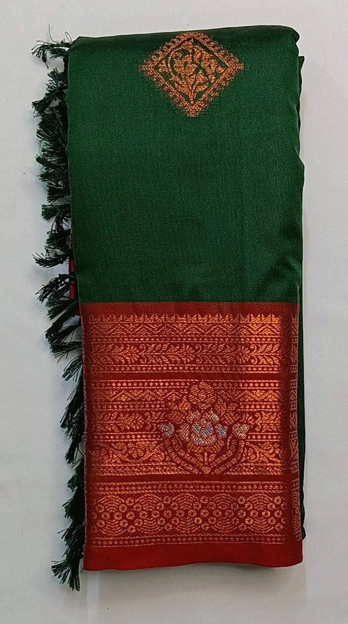 Bottle Green Soft Pattu Silk Saree with Floral Zari Border & Blouse