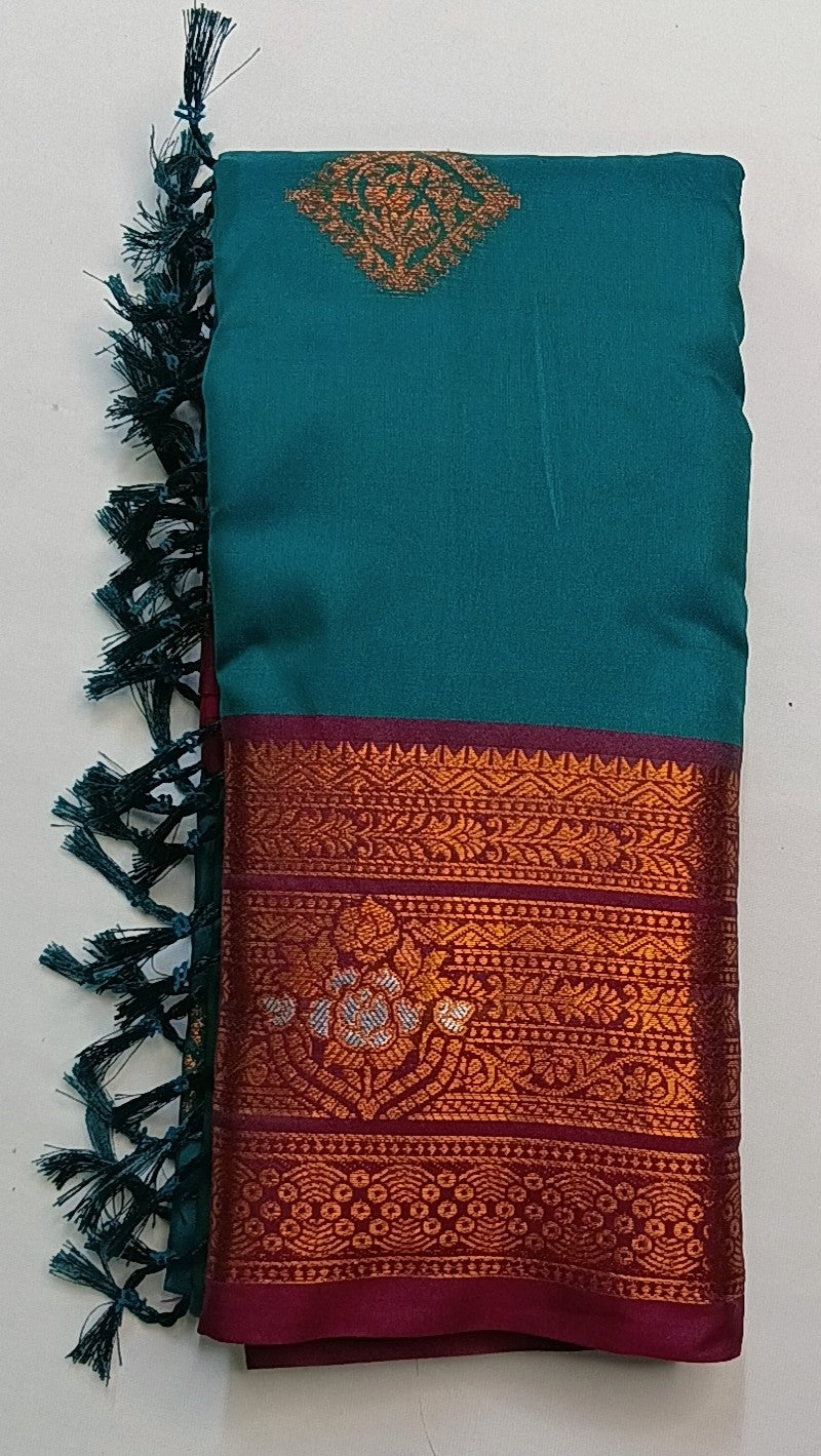 Teal Blue Soft Pattu Silk Saree with Floral Zari Border & Blouse