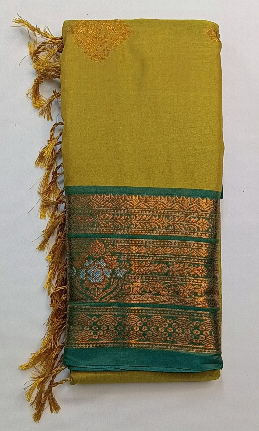 Beige Gold Soft Pattu Silk Saree with Floral Zari Border & Blouse