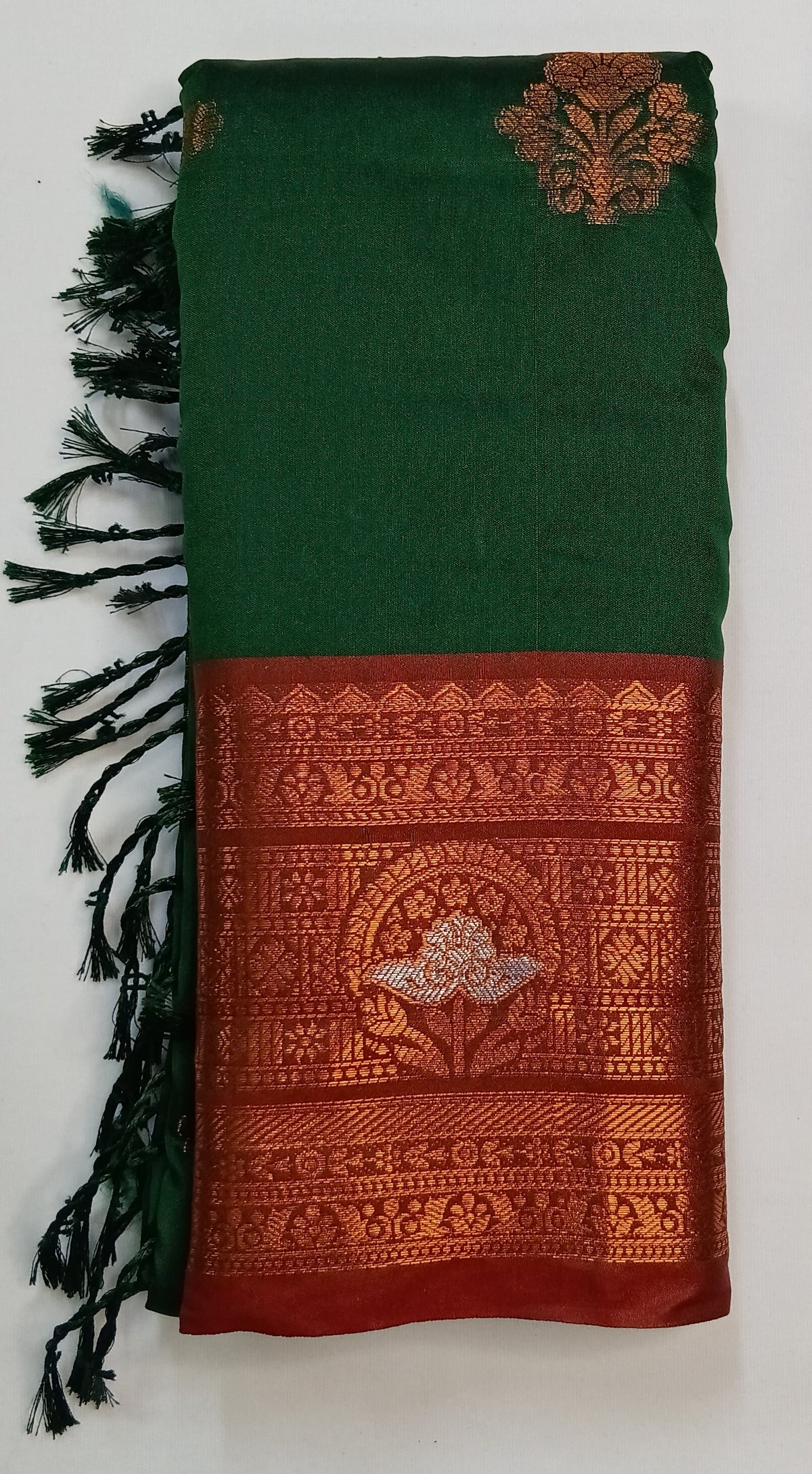 Bottle Green Soft Gayatri Silk Saree with Floral Zari Border & Blouse