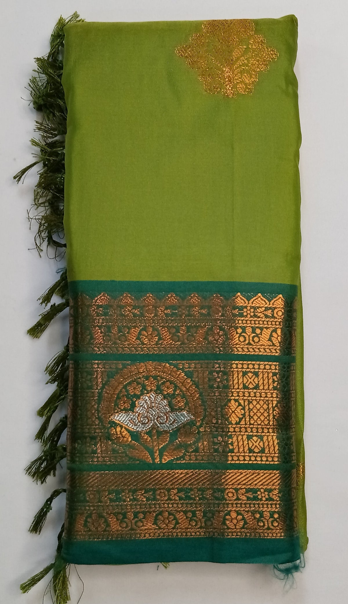 Parrot Green Soft Gayatri Silk Saree with Floral Zari Border & Blouse
