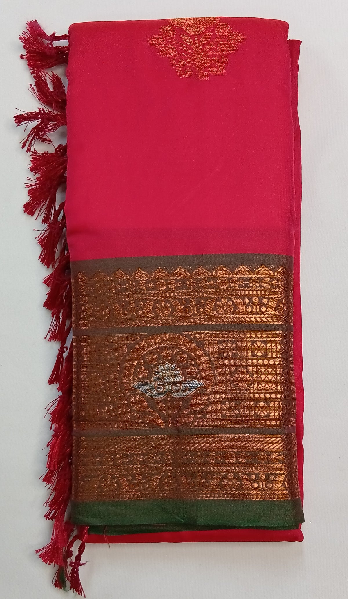 Rani Pink Soft Gayatri Silk Saree with Floral Zari Border & Blouse