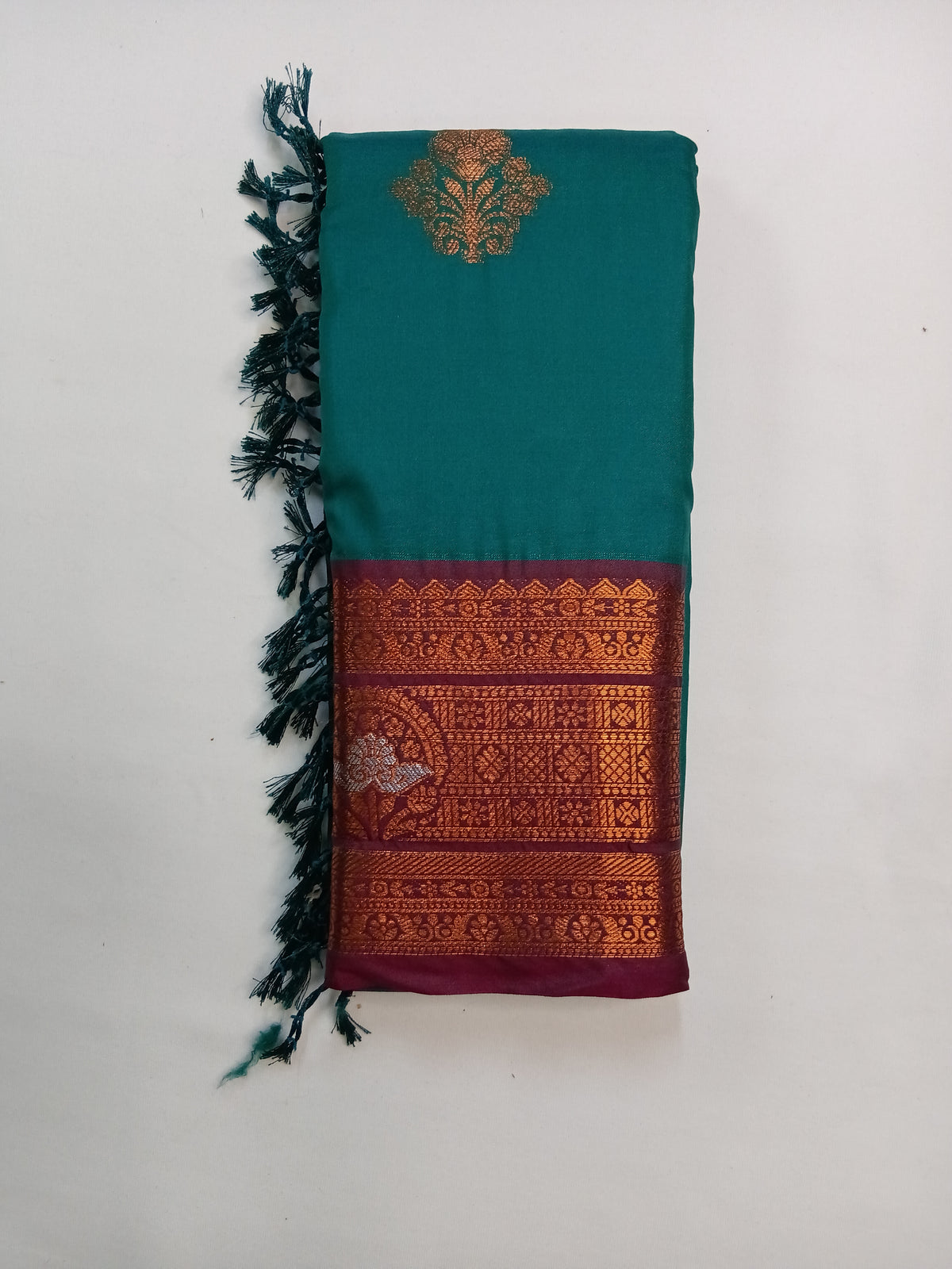 Peacock Blue Soft Gayatri Silk Saree with Floral Zari Border & Blouse