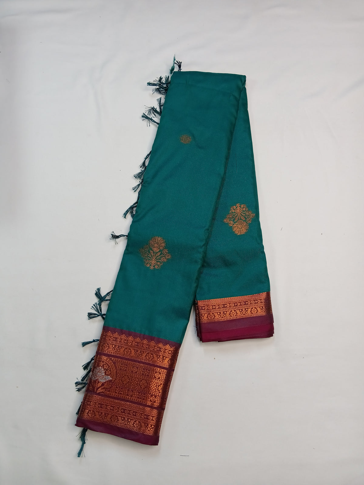 Peacock Blue Soft Gayatri Silk Saree with Floral Zari Border & Blouse