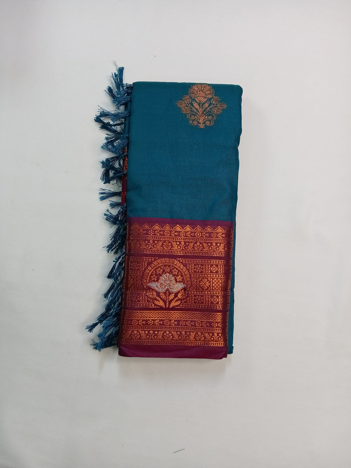 Teal Blue Soft Gayatri Silk Saree with Floral Zari Border & Blouse