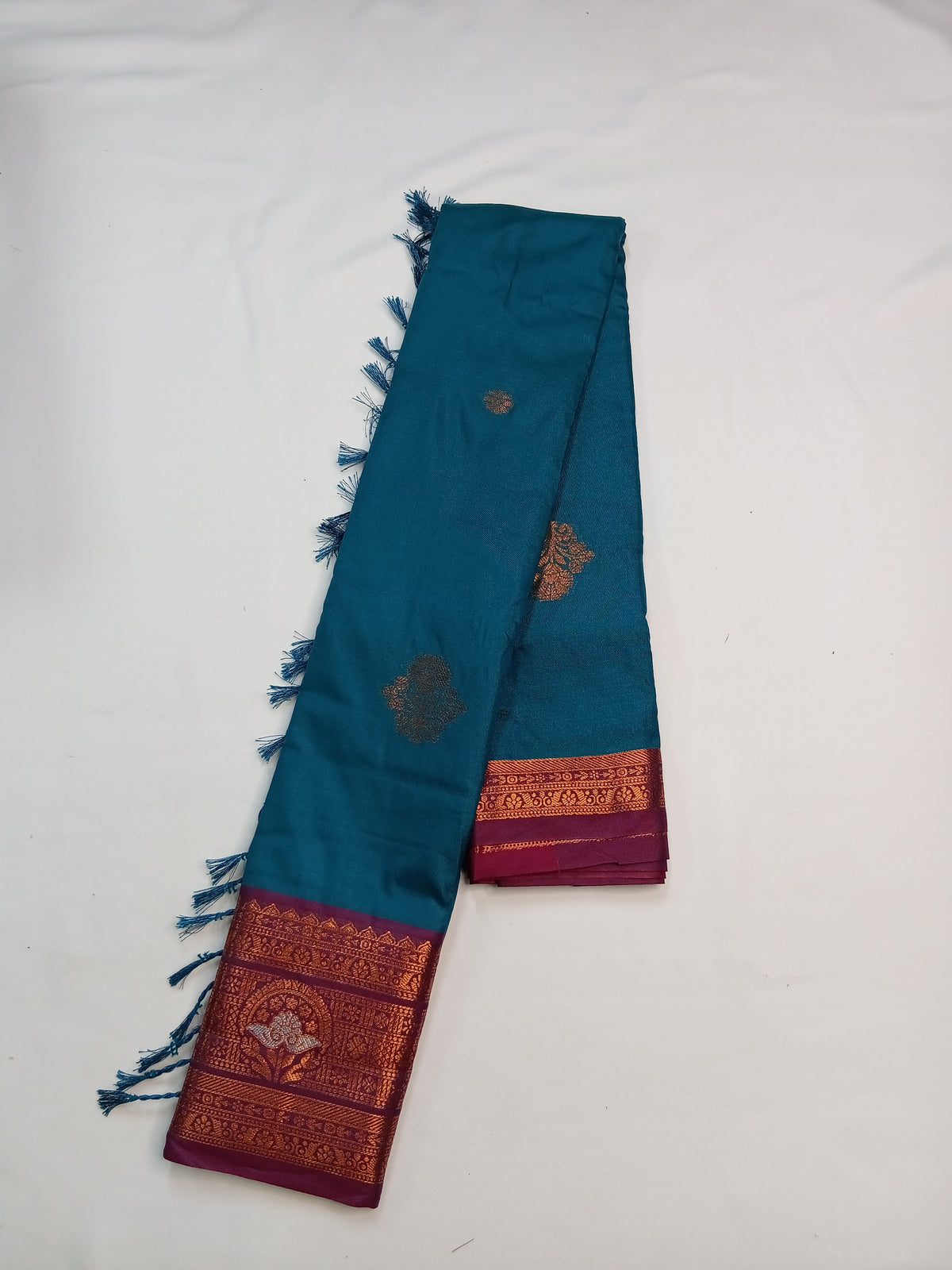 Teal Blue Soft Gayatri Silk Saree with Floral Zari Border & Blouse