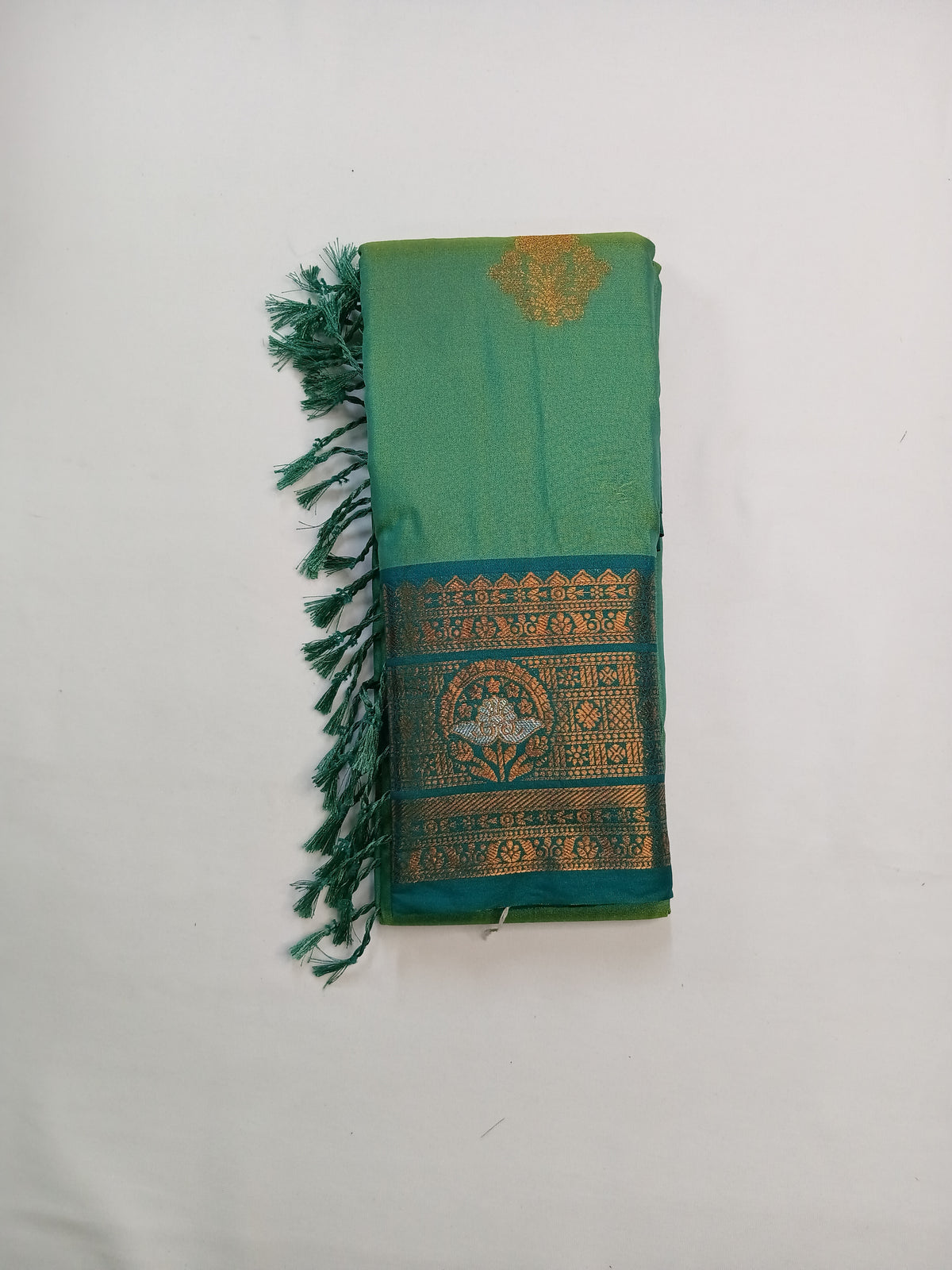 Mint Green Soft Gayatri Silk Saree with Floral Zari Border & Blouse