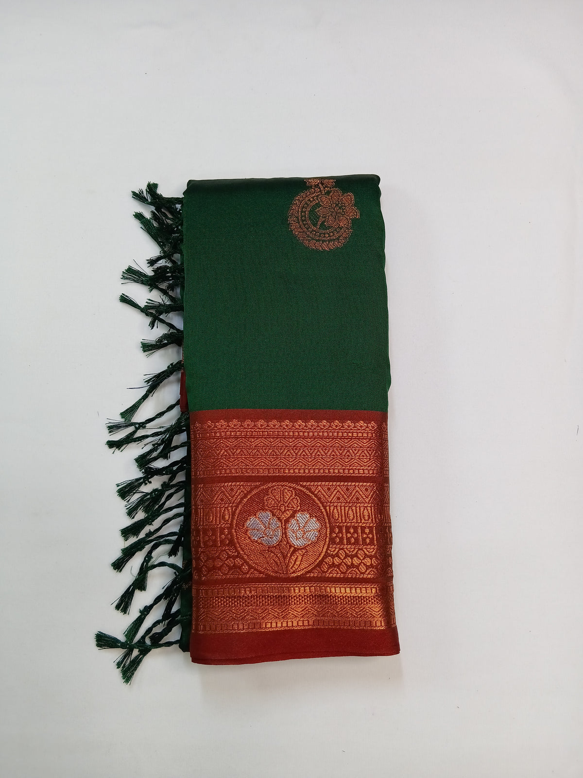Bottle Green Gayatri Silk Saree with Floral Zari Border & Blouse