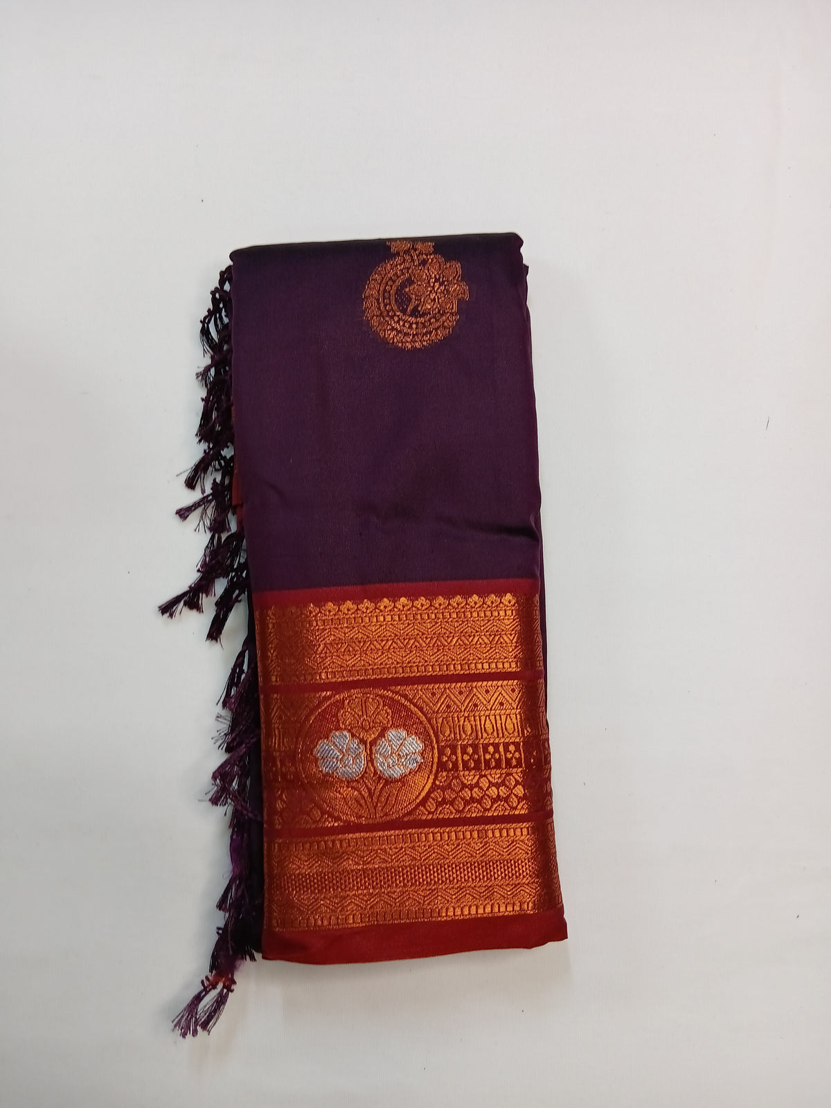 Deep Purple Gayatri Silk Saree with Floral Zari Border & Blouse