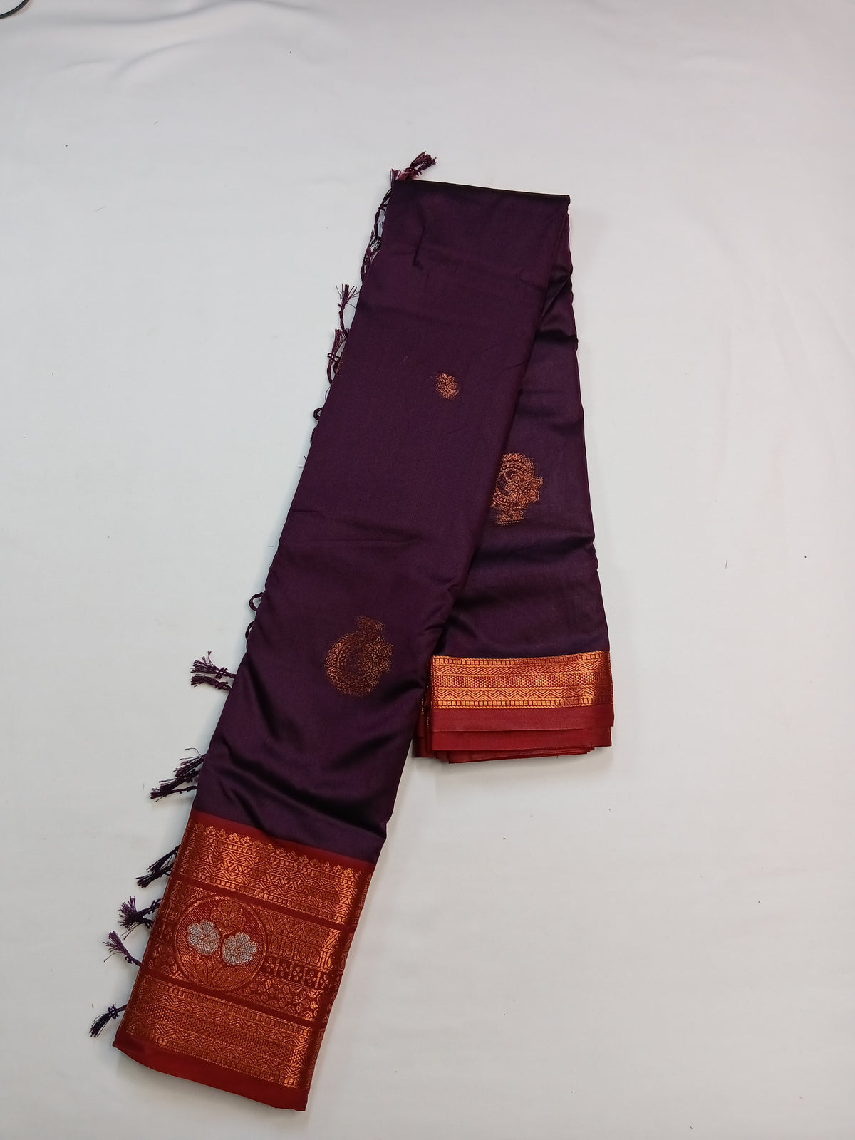 Deep Purple Gayatri Silk Saree with Floral Zari Border & Blouse