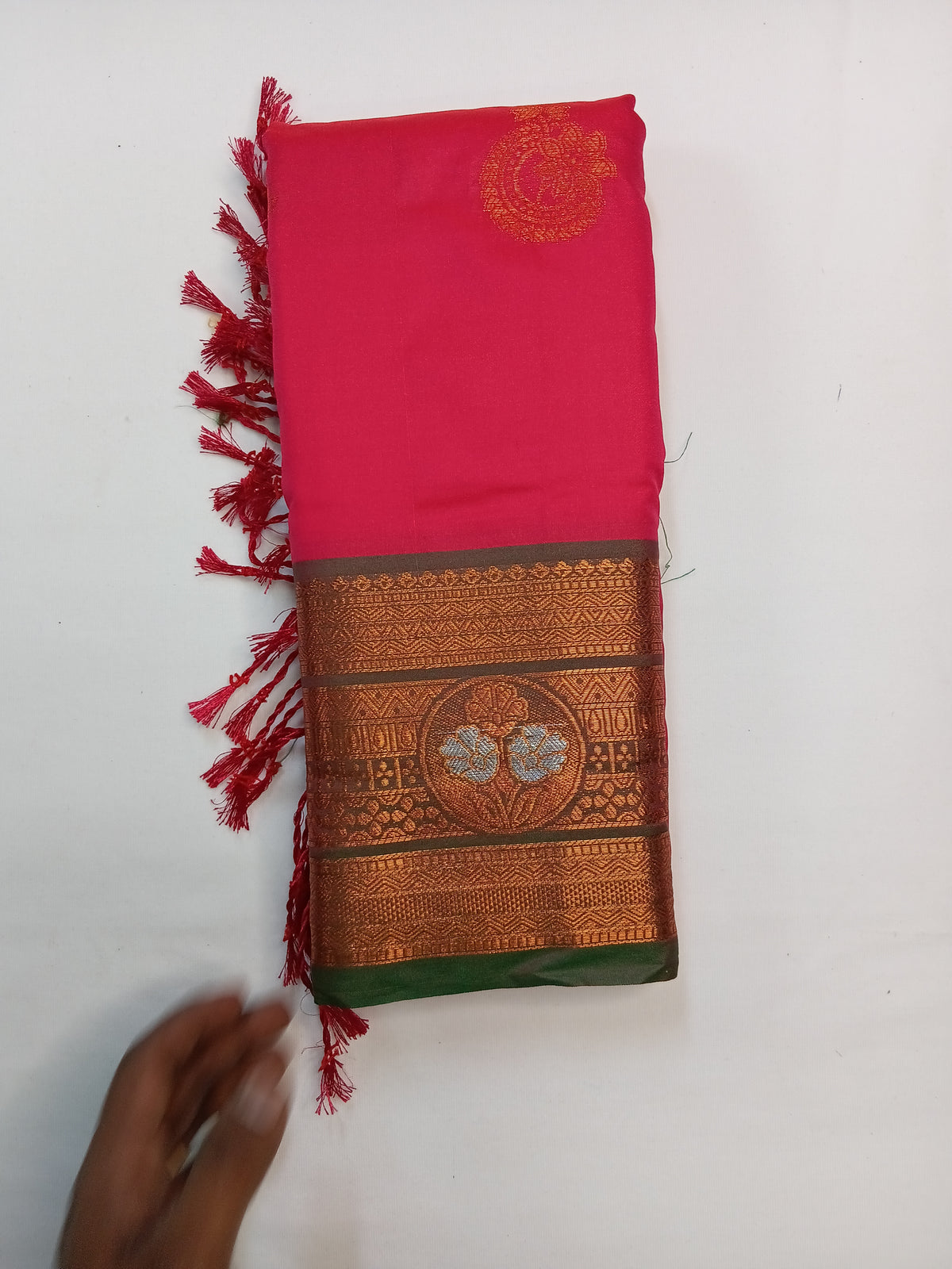 Rani Pink Gayatri Silk Saree with Floral Zari Border & Blouse