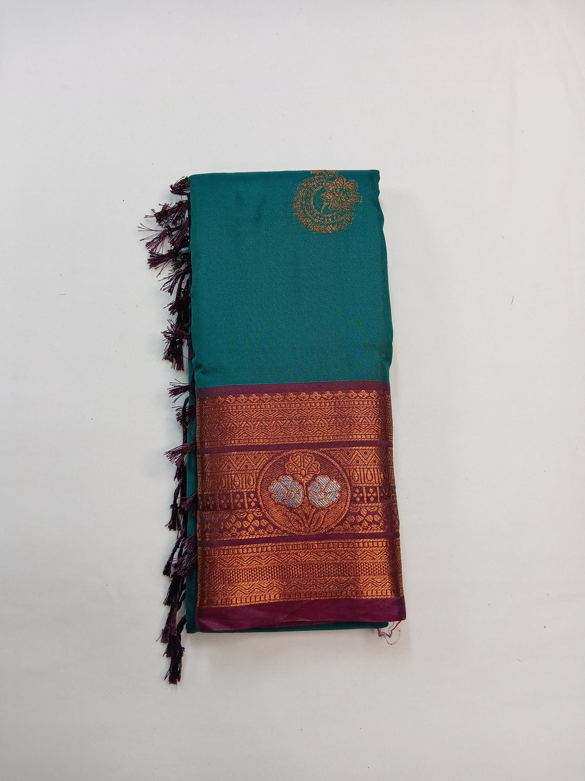 Teal Blue Gayatri Silk Saree with Floral Zari Border & Blouse
