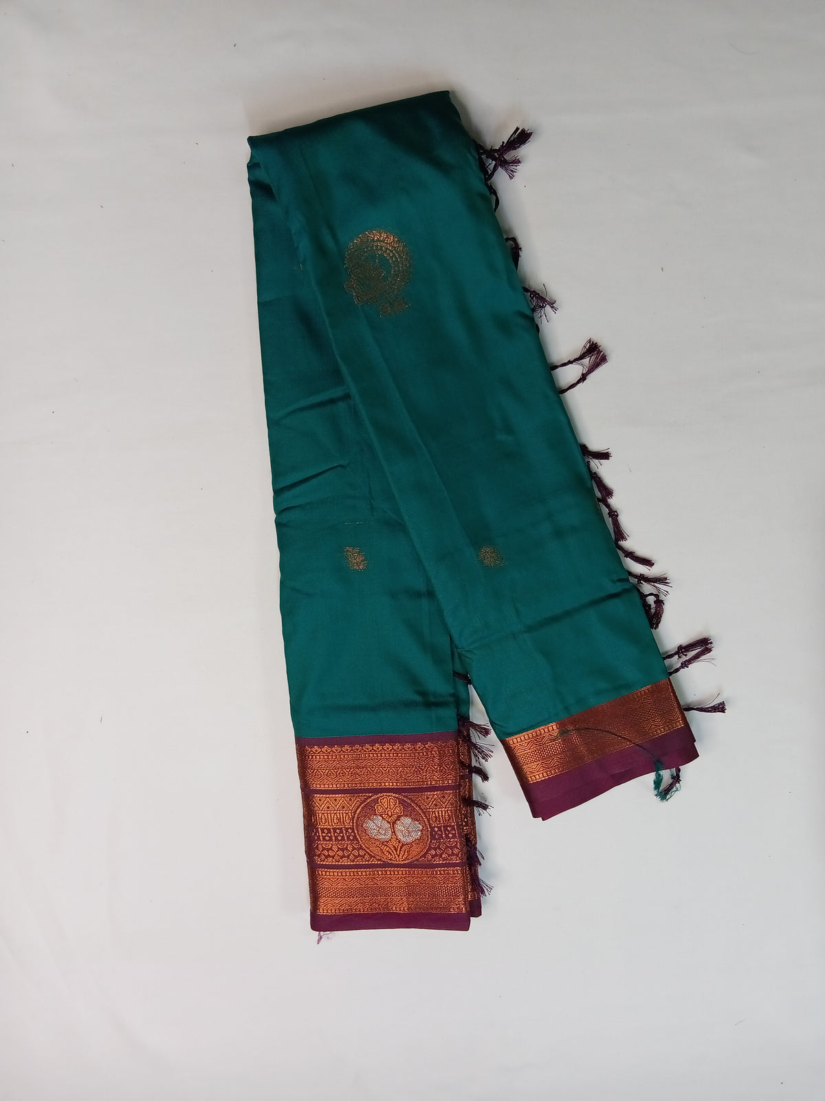 Teal Blue Gayatri Silk Saree with Floral Zari Border & Blouse