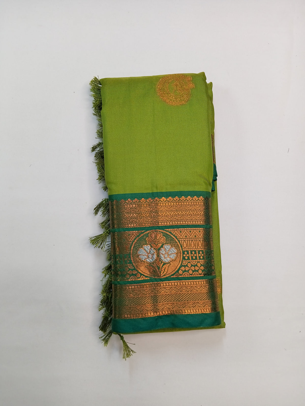 Parrot Green Gayatri Silk Saree with Floral Zari Border & Blouse