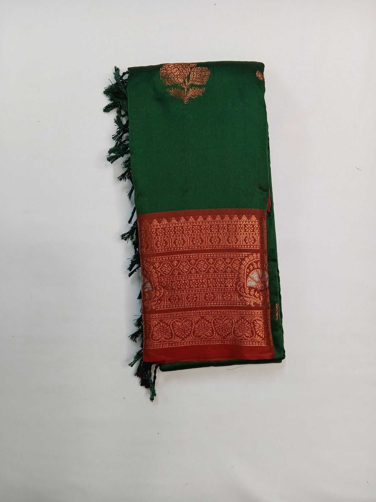 Bottle Green Gayatri Silk Saree with Traditional Zari Border & Blouse