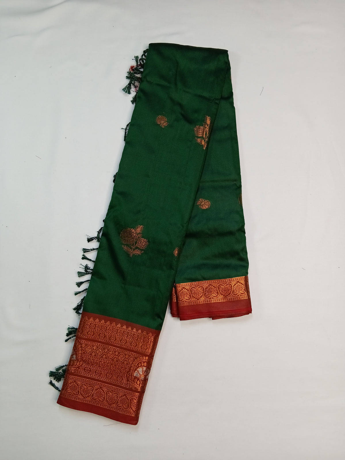 Bottle Green Gayatri Silk Saree with Traditional Zari Border & Blouse