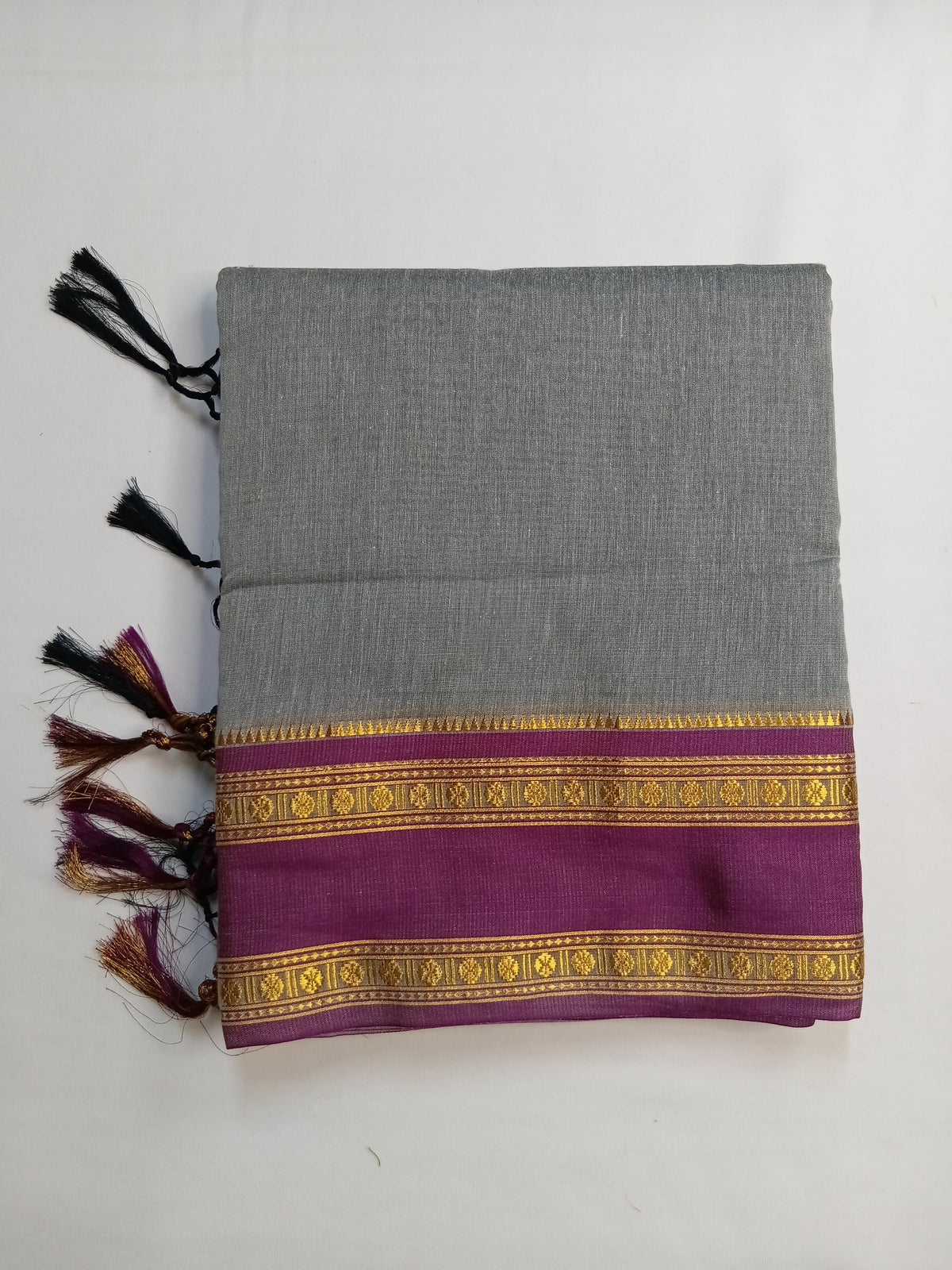 Silver Grey Ilkal Cotton Narayani Saree with Contrast Border & Blouse