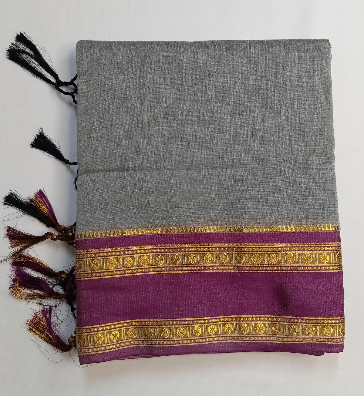 Grey Narayani Cotton Saree with Purple Silk Jari Border
