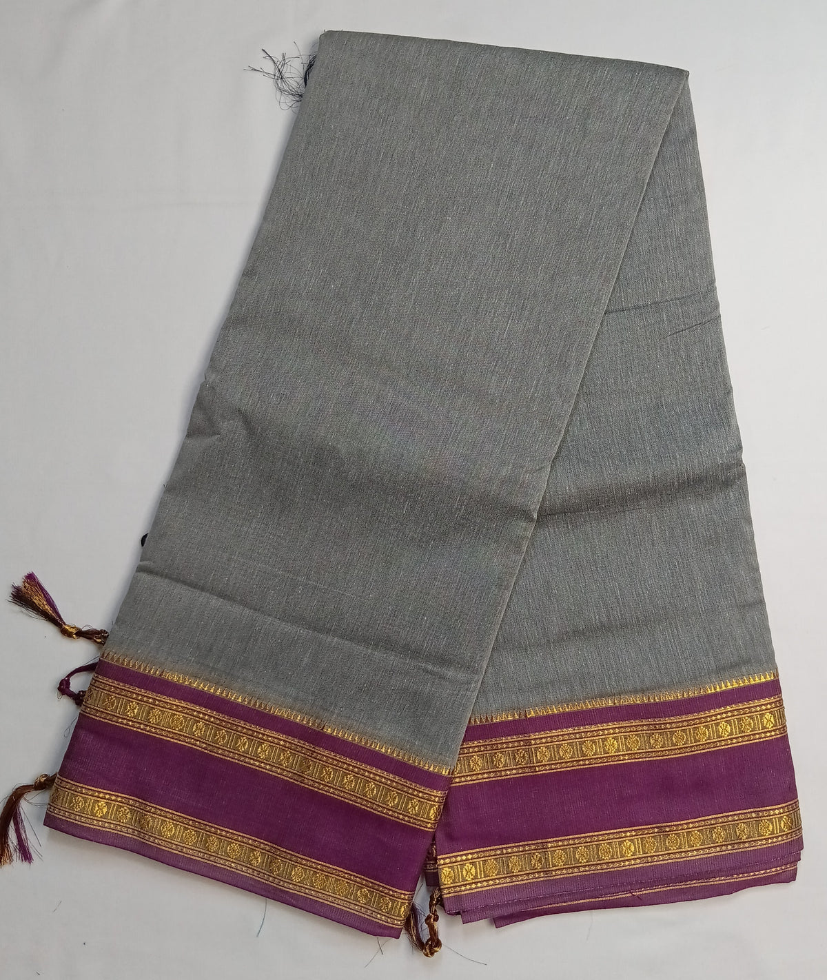 Grey Narayani Cotton Saree with Purple Silk Jari Border