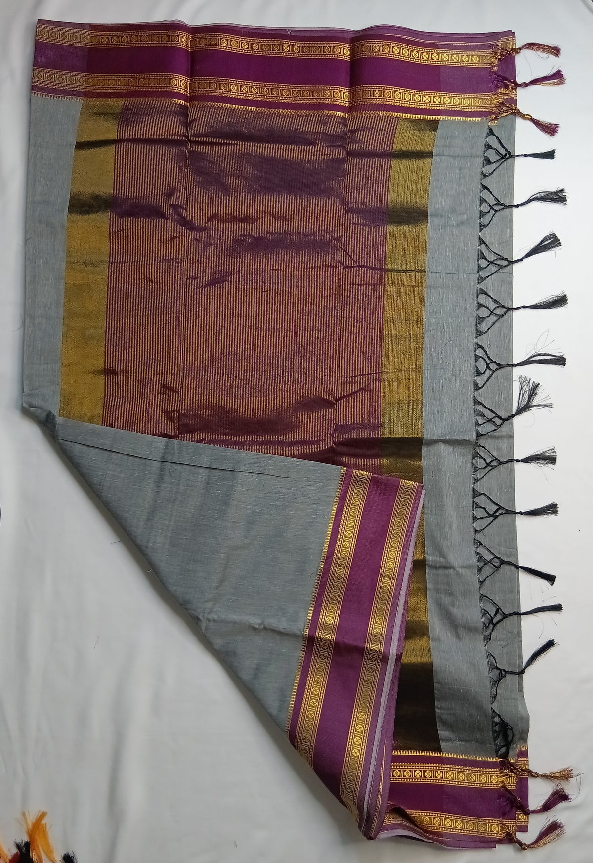 Grey Narayani Cotton Saree with Purple Silk Jari Border