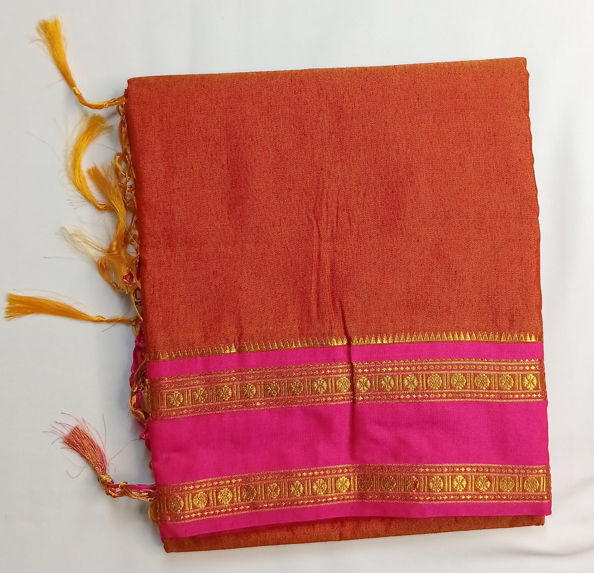 Rust Orange Narayani Cotton Saree with Pink Silk Jari Border