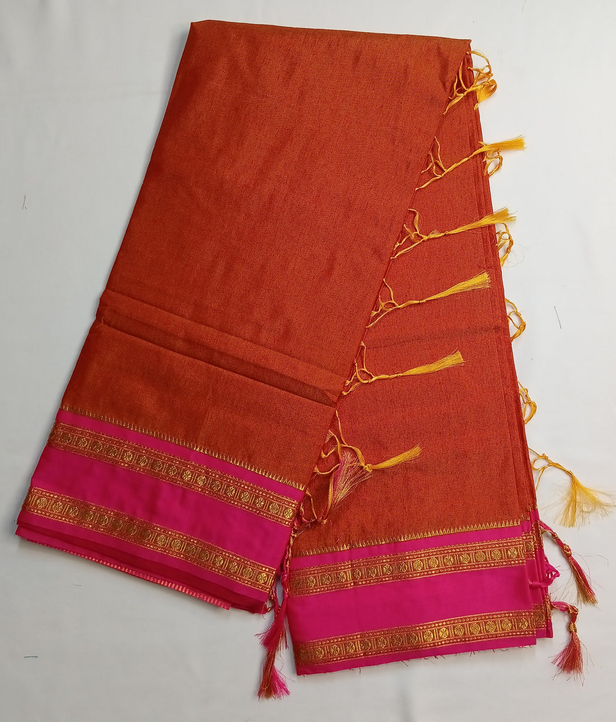 Rust Orange Narayani Cotton Saree with Pink Silk Jari Border