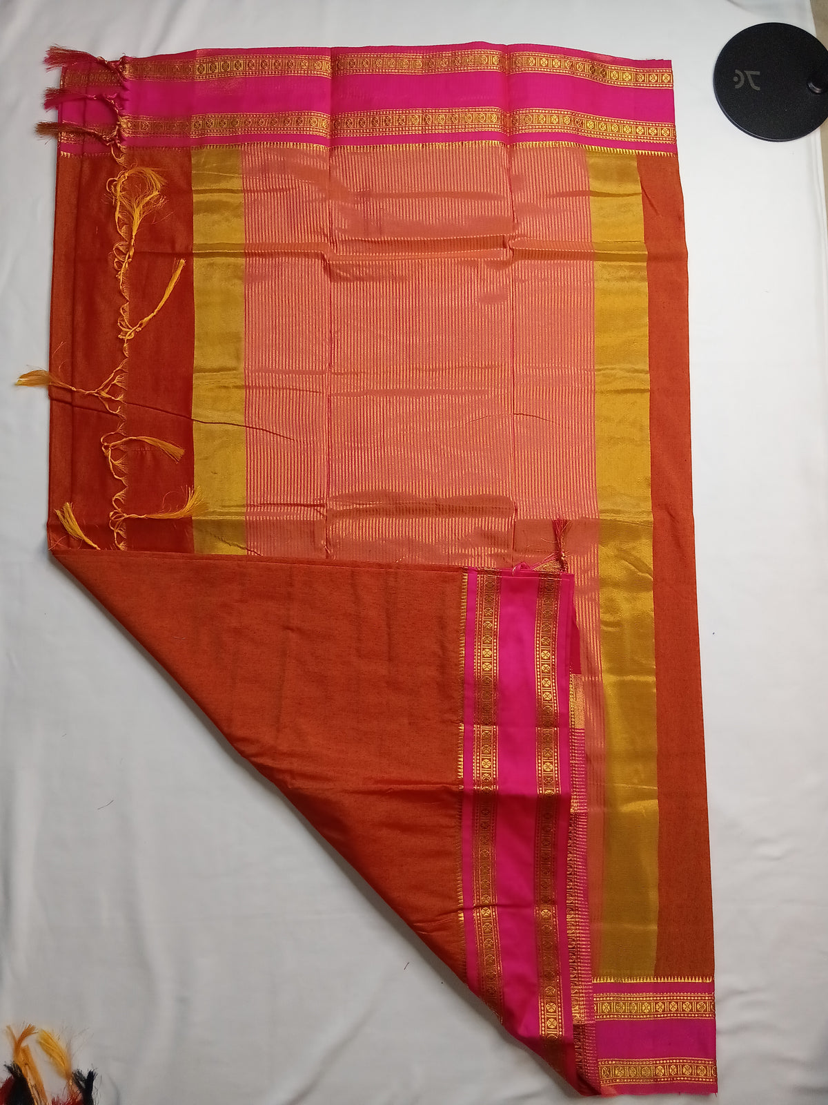 Rust Orange Narayani Cotton Saree with Pink Silk Jari Border