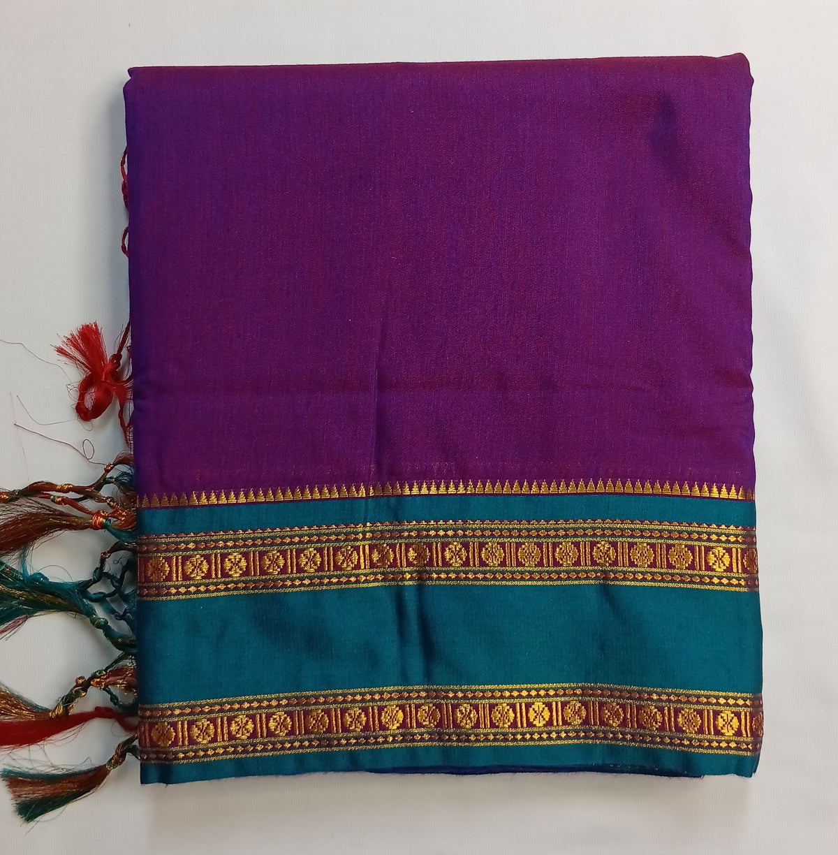 Purple Narayani Cotton Saree with Teal Silk Jari Border