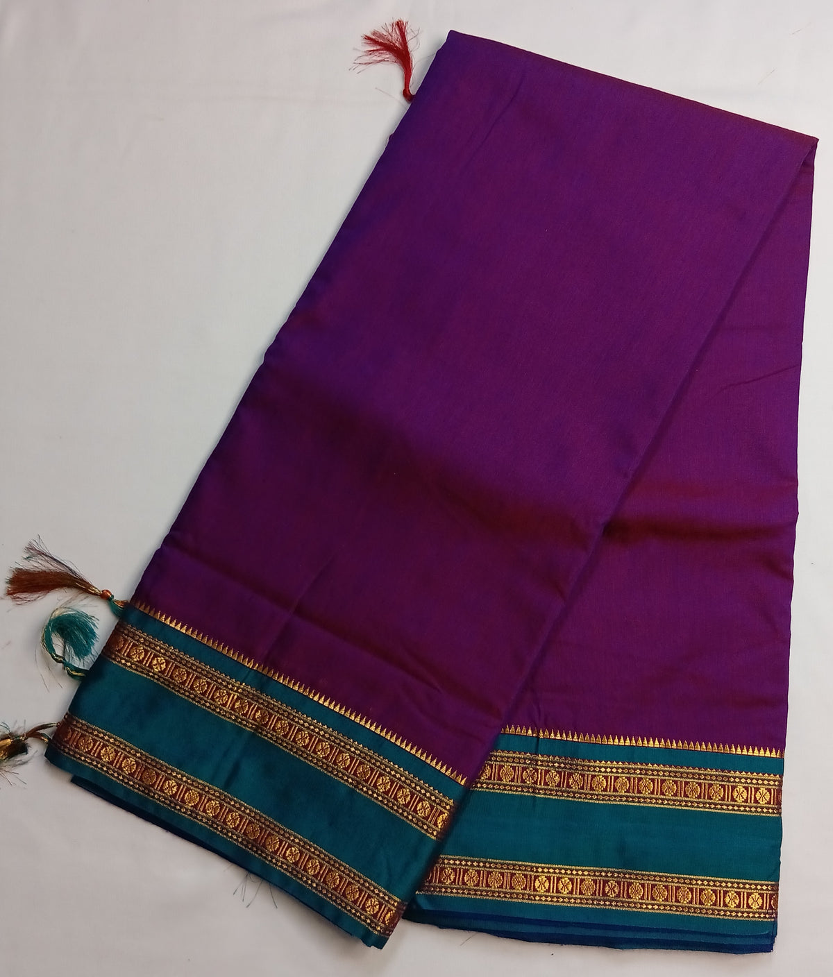 Purple Narayani Cotton Saree with Teal Silk Jari Border