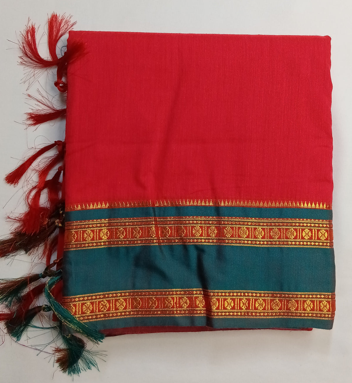 Red Narayani Cotton Saree with Teal Silk Jari Border