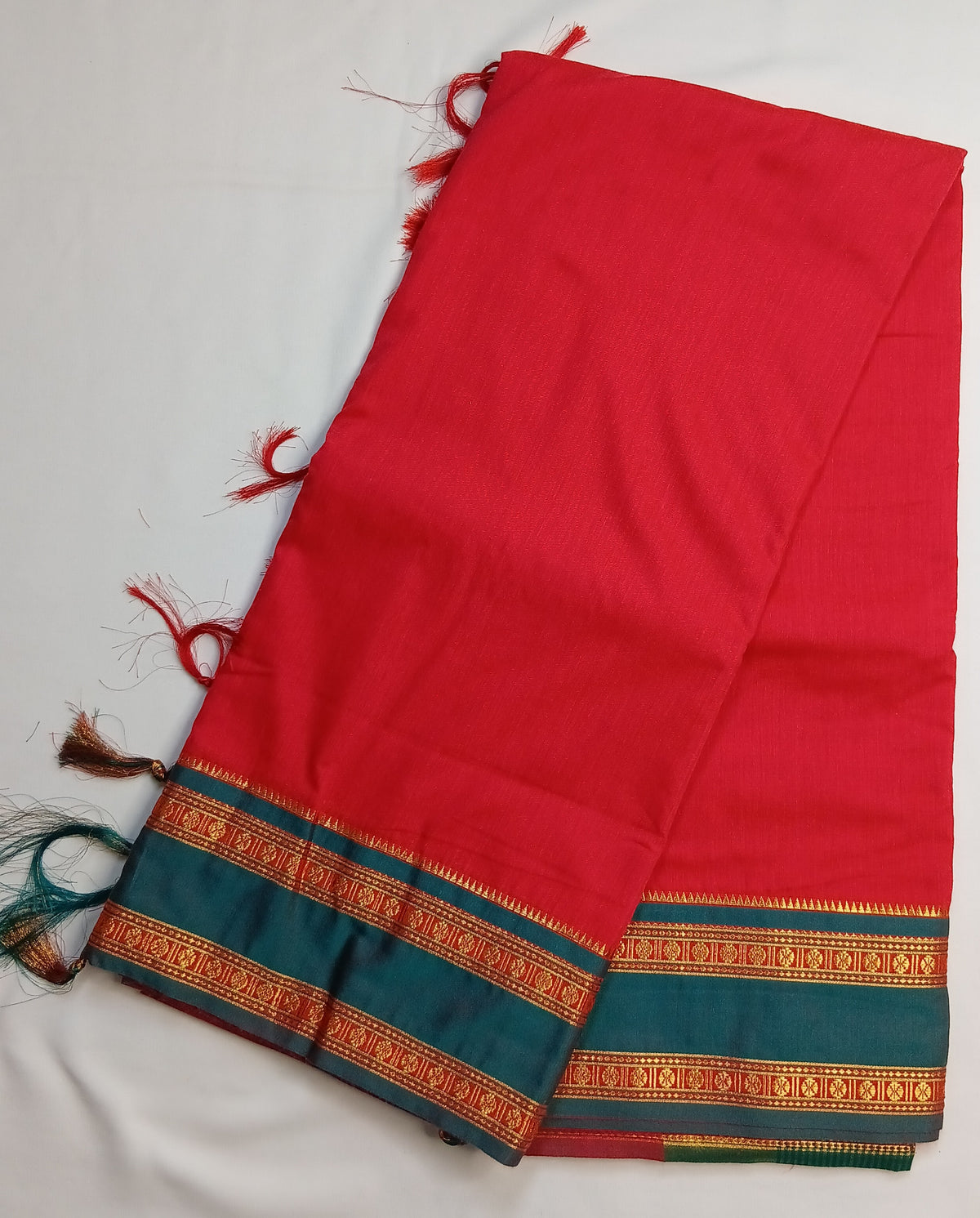 Red Narayani Cotton Saree with Teal Silk Jari Border