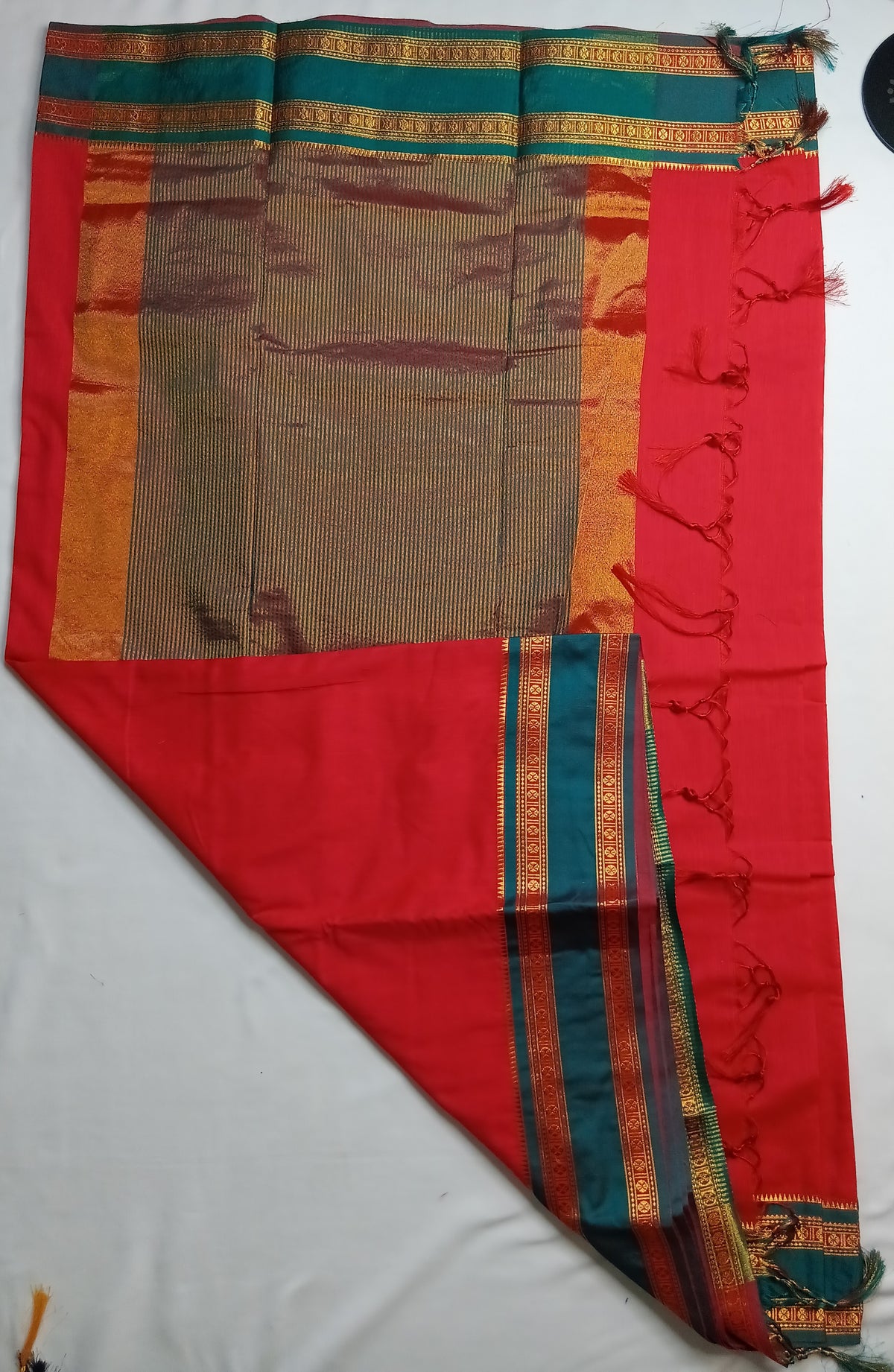 Red Narayani Cotton Saree with Teal Silk Jari Border