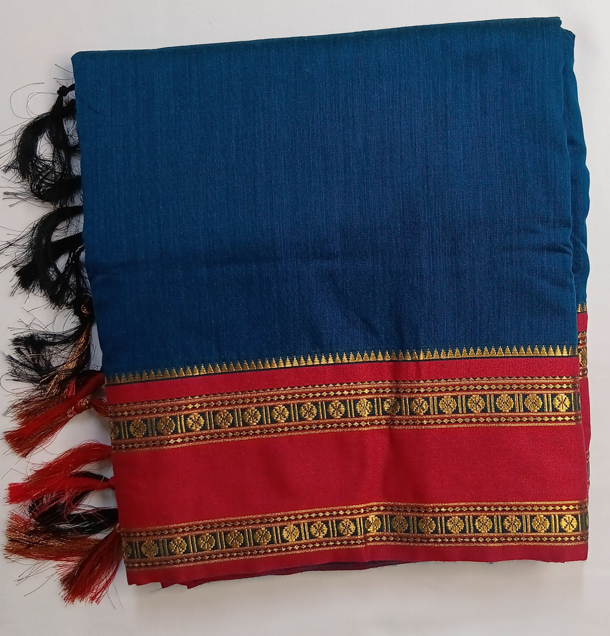 Navy Blue Narayani Cotton Saree with Pink Silk Jari Border