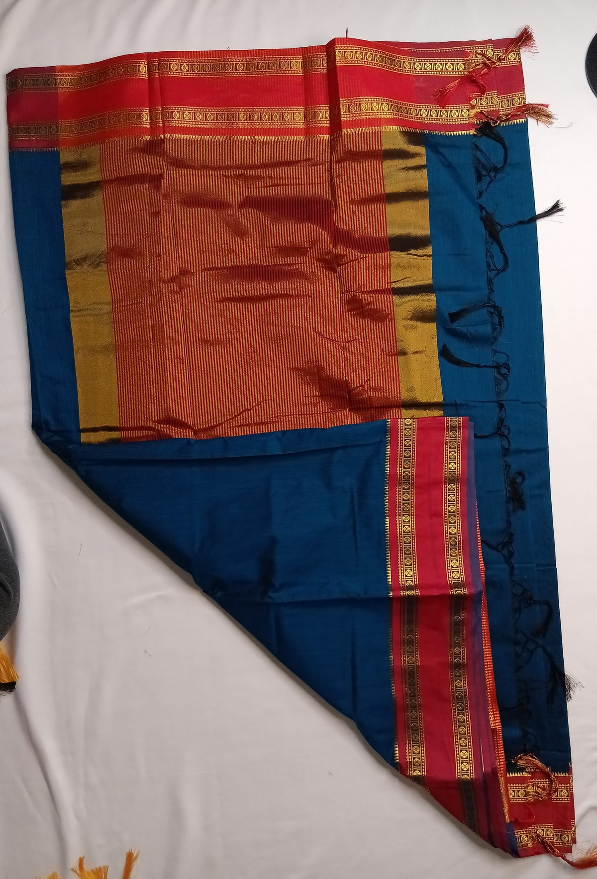 Teal Blue Ilkal Cotton Narayani Saree with Contrast Border & Blouse