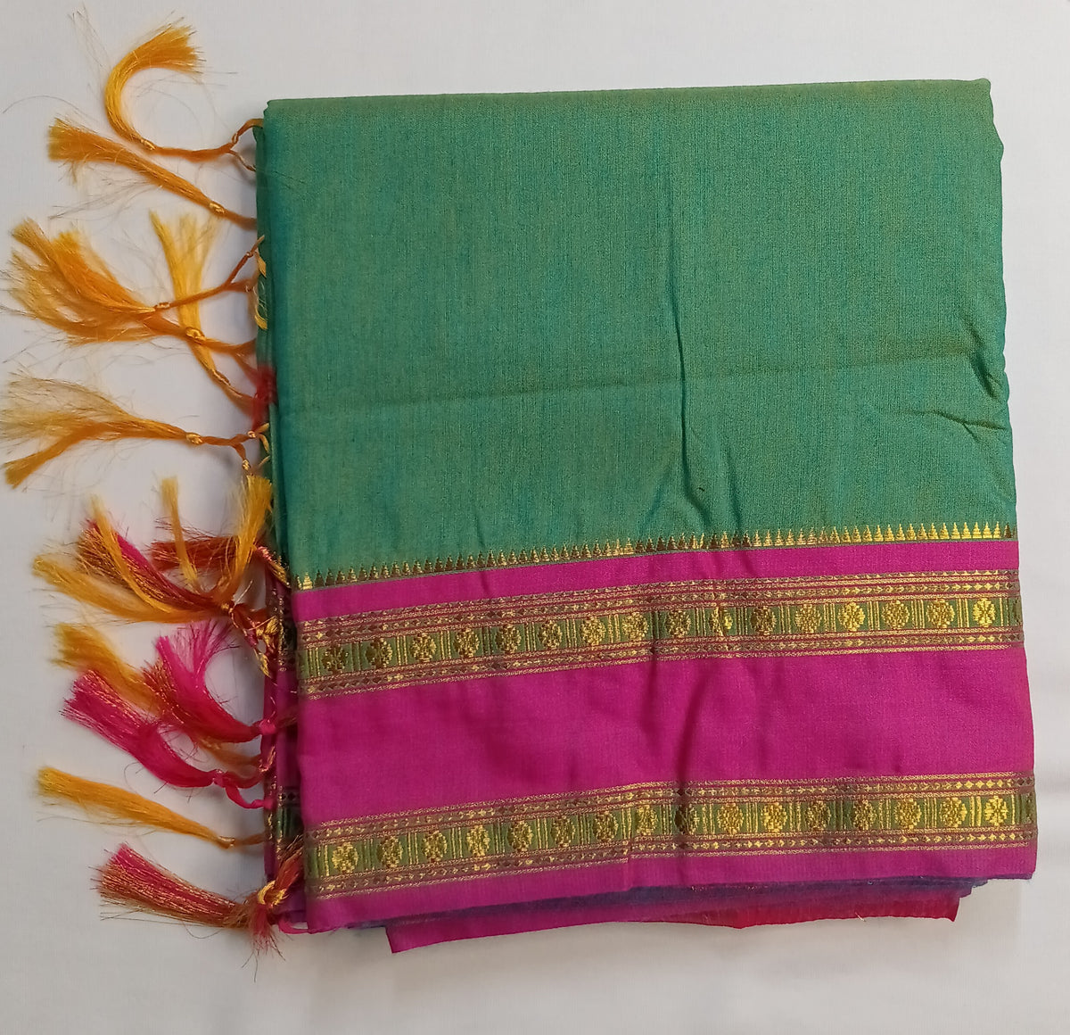Green Narayani Cotton Saree with Rani Pink Silk Jari Border