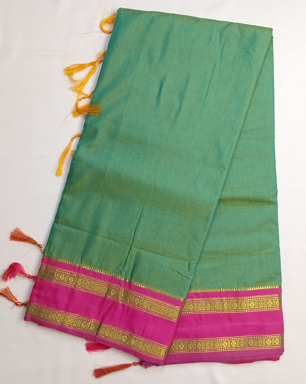 Green Narayani Cotton Saree with Rani Pink Silk Jari Border