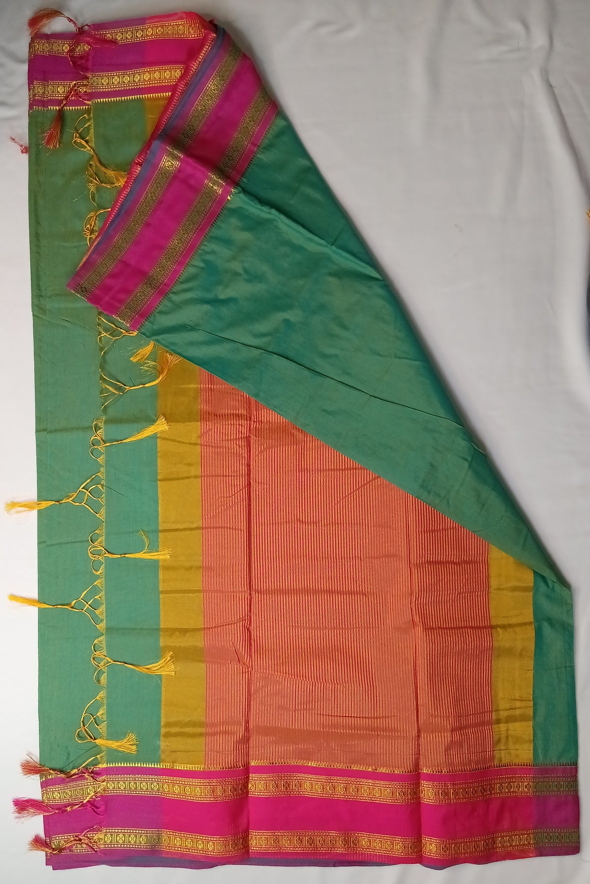 Green Narayani Cotton Saree with Rani Pink Silk Jari Border