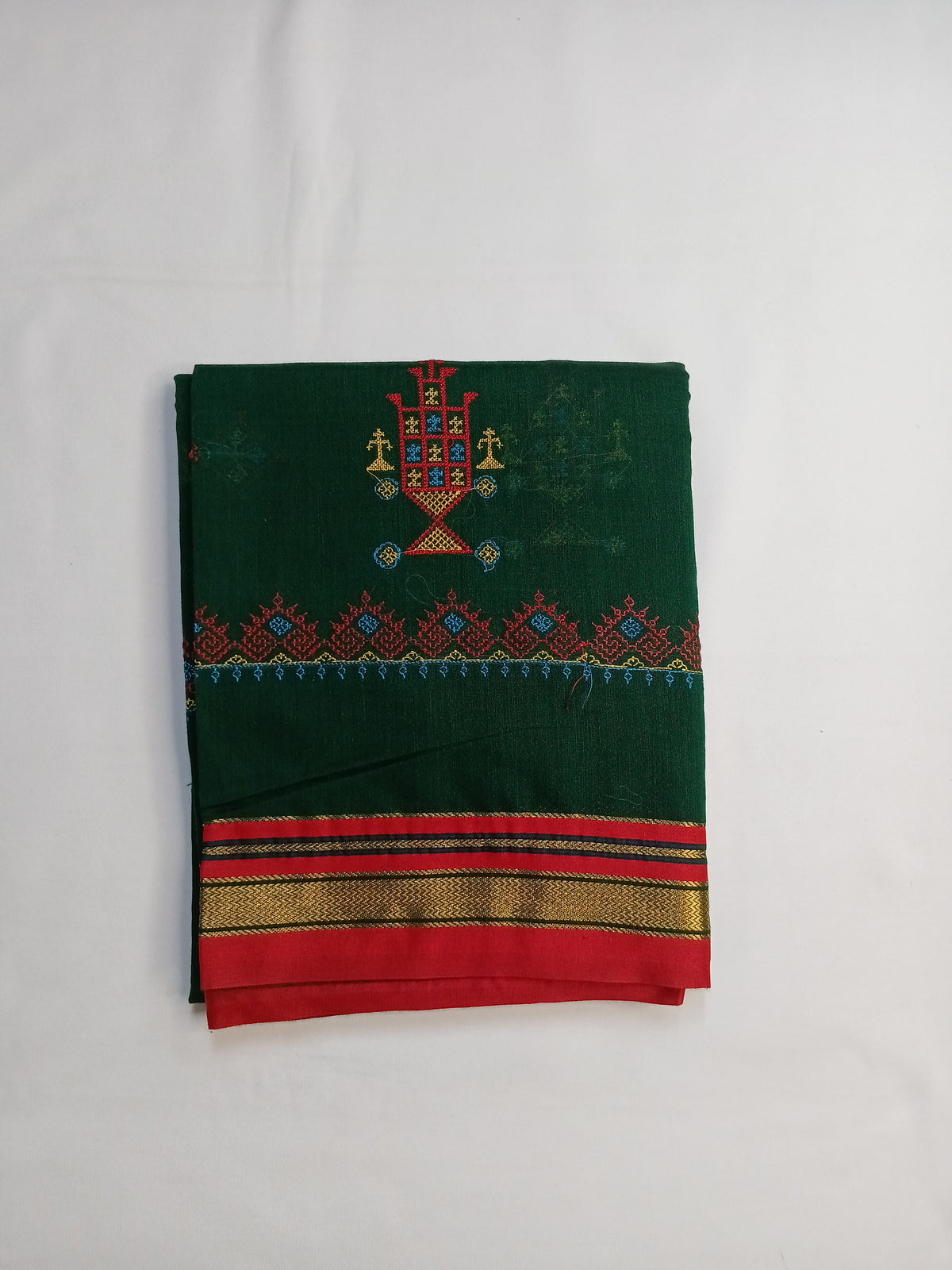 Bottle Green Kasuti Cotton Saree with Mixed Silk Zari Border