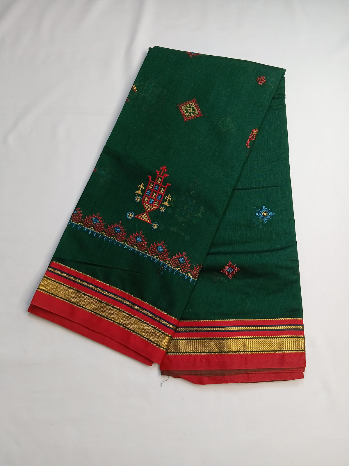 Bottle Green Kasuti Cotton Saree with Mixed Silk Zari Border