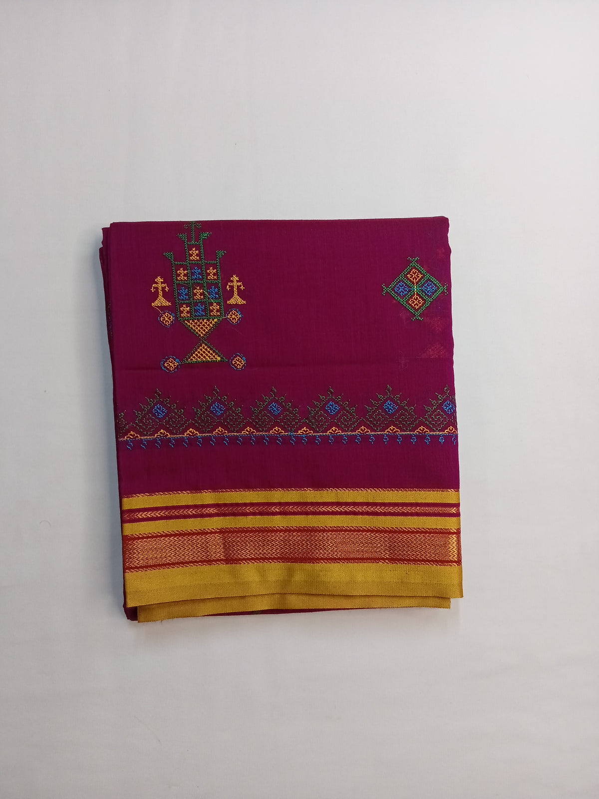 Wine Kasuti Cotton Saree with Mixed Silk Zari Border