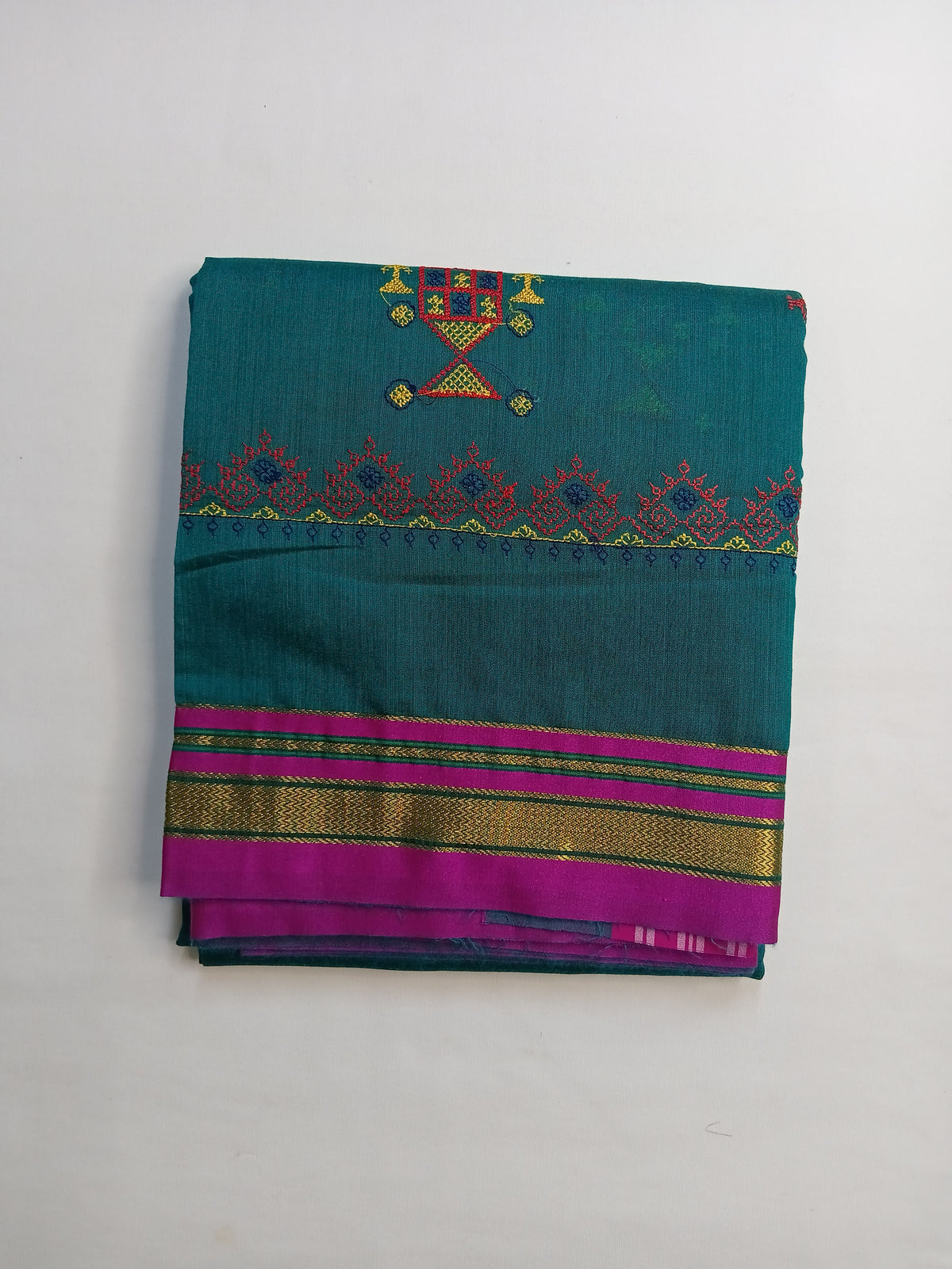 Teal Blue Kasuti Cotton Saree with Mixed Silk Zari Border