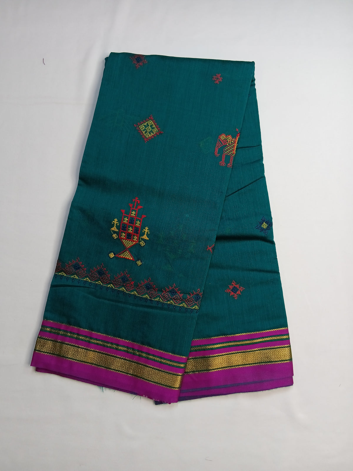 Teal Blue Kasuti Cotton Saree with Mixed Silk Zari Border