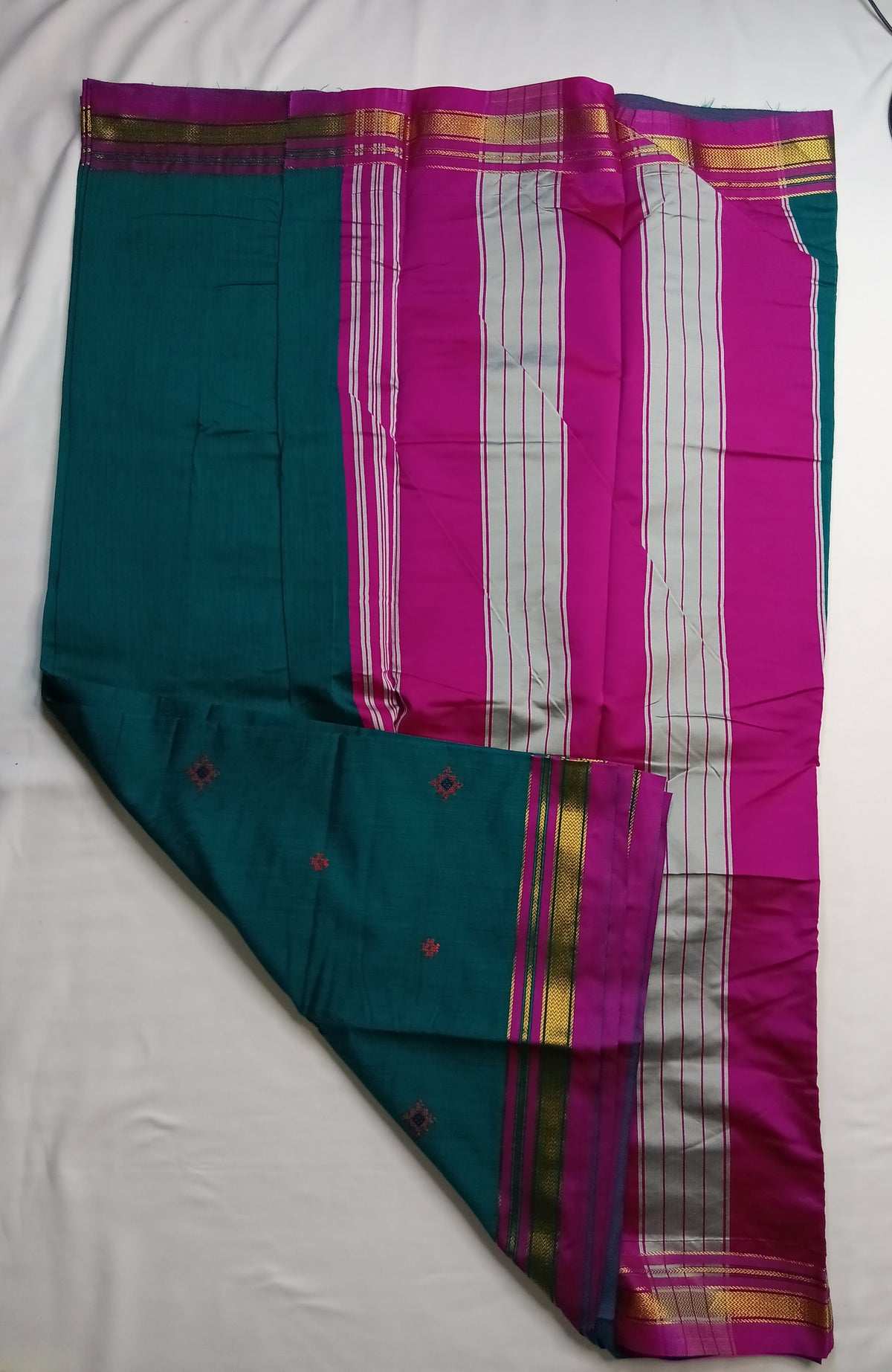 Teal Blue Kasuti Cotton Saree with Mixed Silk Zari Border
