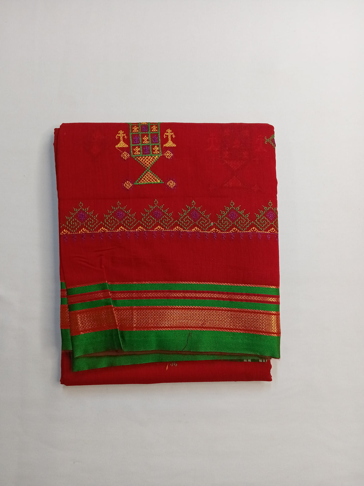 Red Kasuti Cotton Saree with Mixed Silk Zari Border