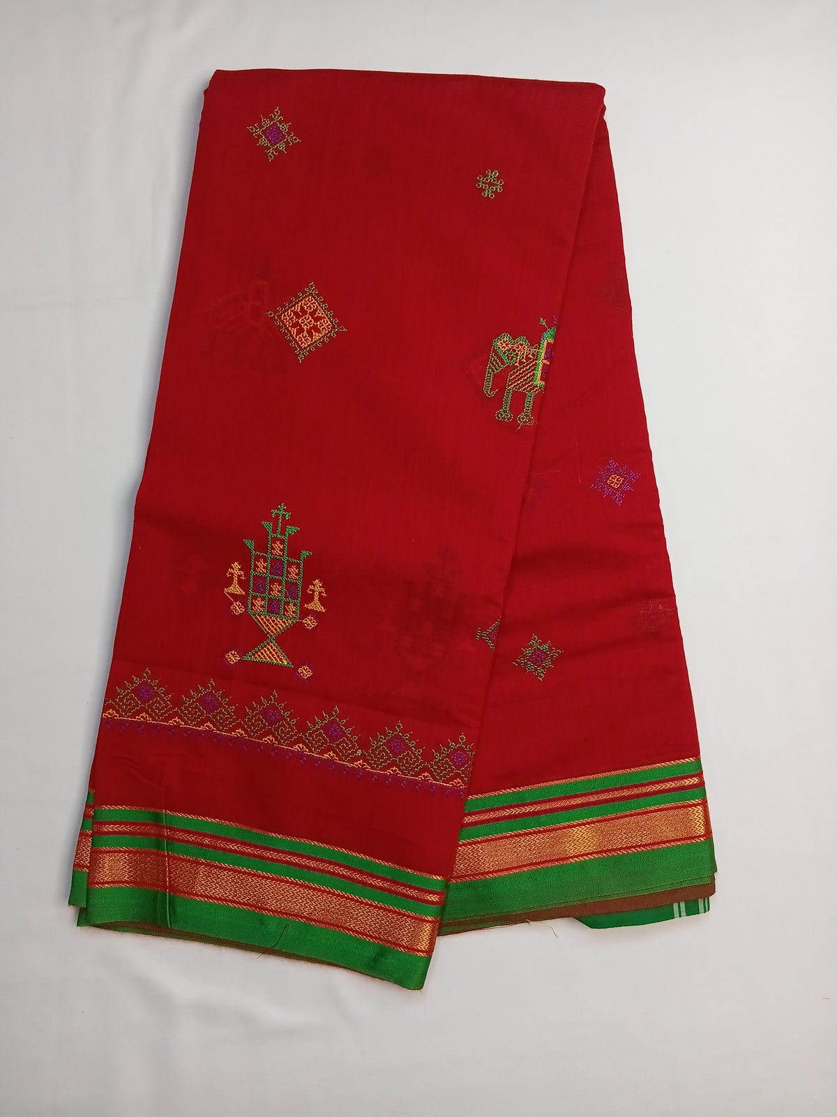 Red Kasuti Cotton Saree with Mixed Silk Zari Border