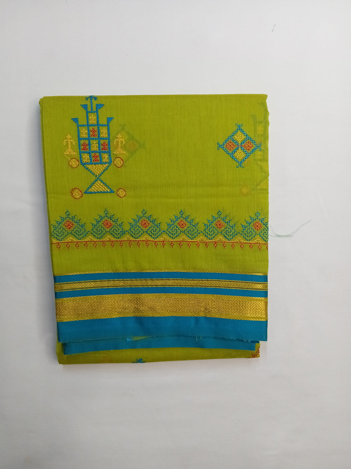 Lime Green Kasuti Cotton Saree with Mixed Silk Zari Border