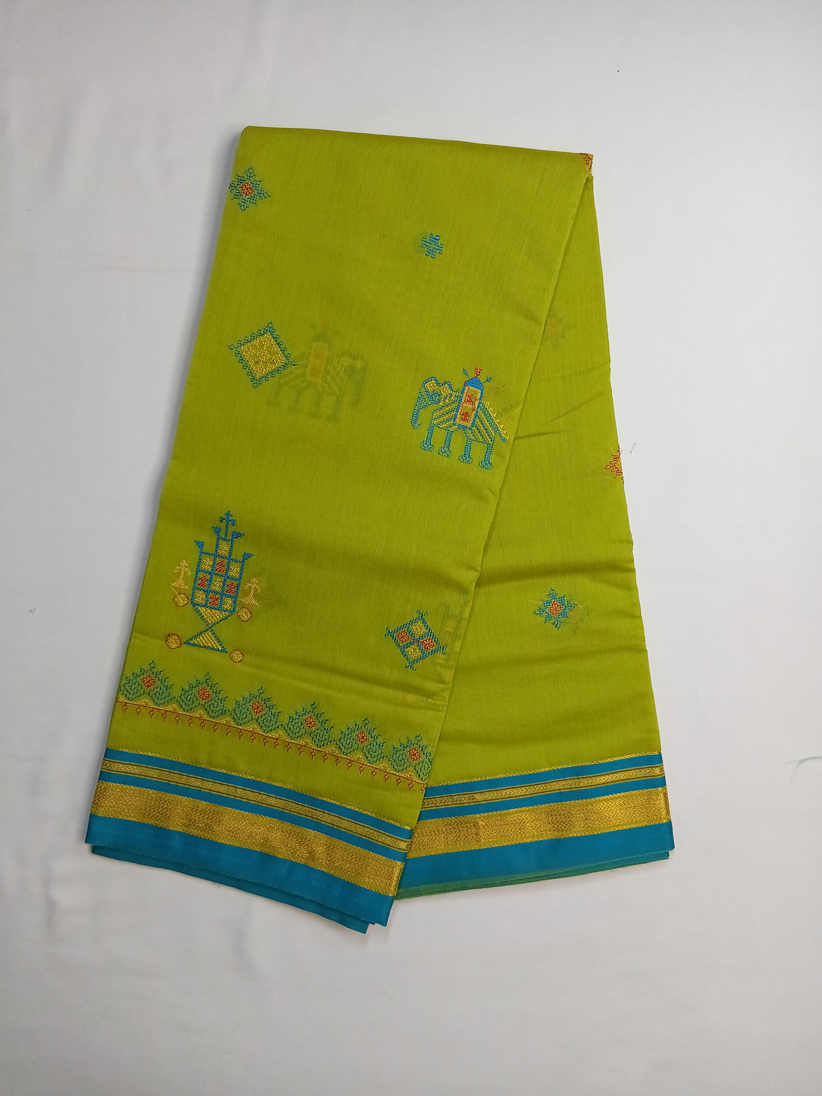 Lime Green Kasuti Cotton Saree with Mixed Silk Zari Border